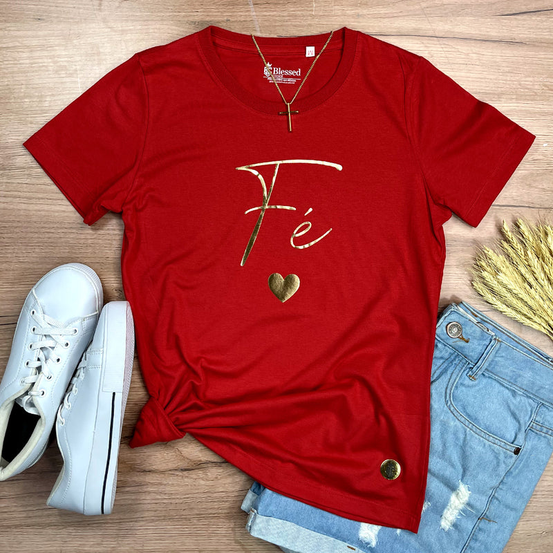 Camiseta Feminina Vermelha Fé Coração Dourado