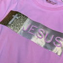 Camiseta Feminina Rosa Aplique Jesus Glitter Dourado