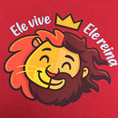 T-Shirt Infantil Vermelha Leão Jesus Ele Vive Ele Reina