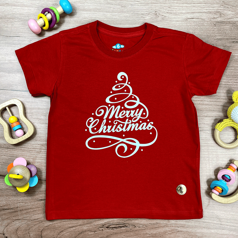 T-Shirt Infantil Vermelha Árvore Merry Christmas