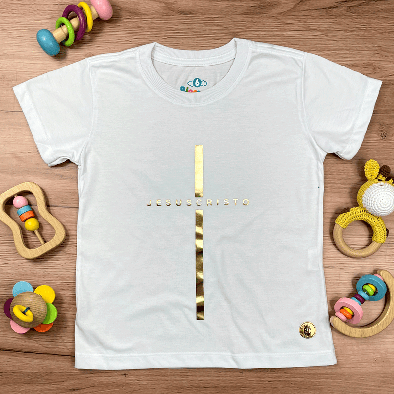 T-Shirt Infantil Branca Cruz Dourada Jesus Cristo