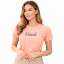 Camiseta Feminina Salmão Blessed Glitter Pink Aplique