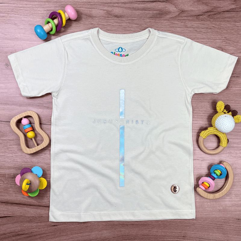 T-Shirt Infantil Off White Cruz Prata Jesus Cristo