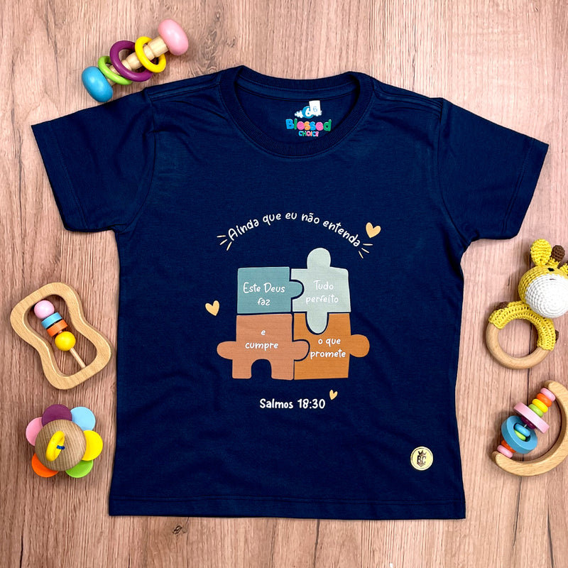 T-Shirt Infantil Azul Quebra-Cabeça Ainda Que Eu Não Entenda