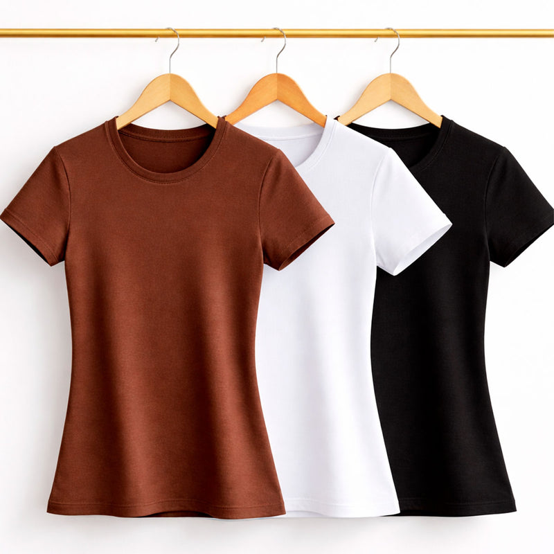 Kit 3 Camisetas Feminina Lisa Marrom Branca Preta