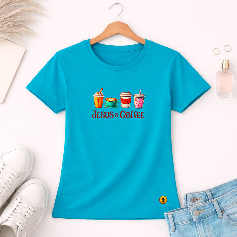 Camiseta Feminina Turquesa Jesus & Coffee