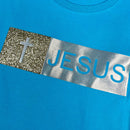 Camiseta Feminina Turquesa Aplique Jesus Glitter Dourado