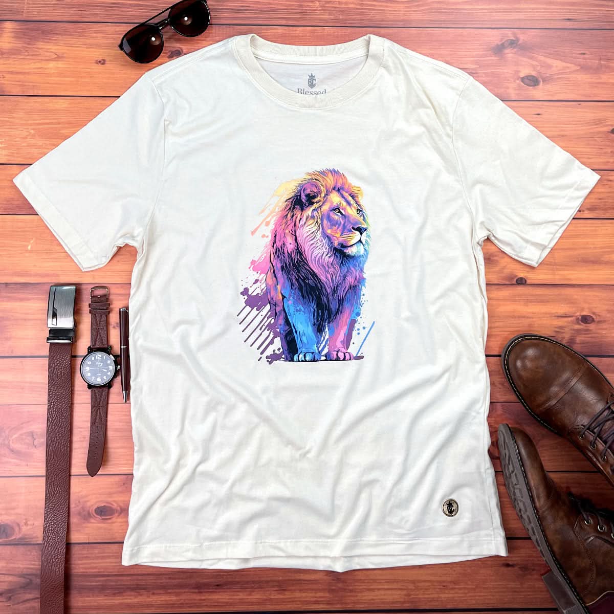 Camiseta Masculina Off White Leão Colorido