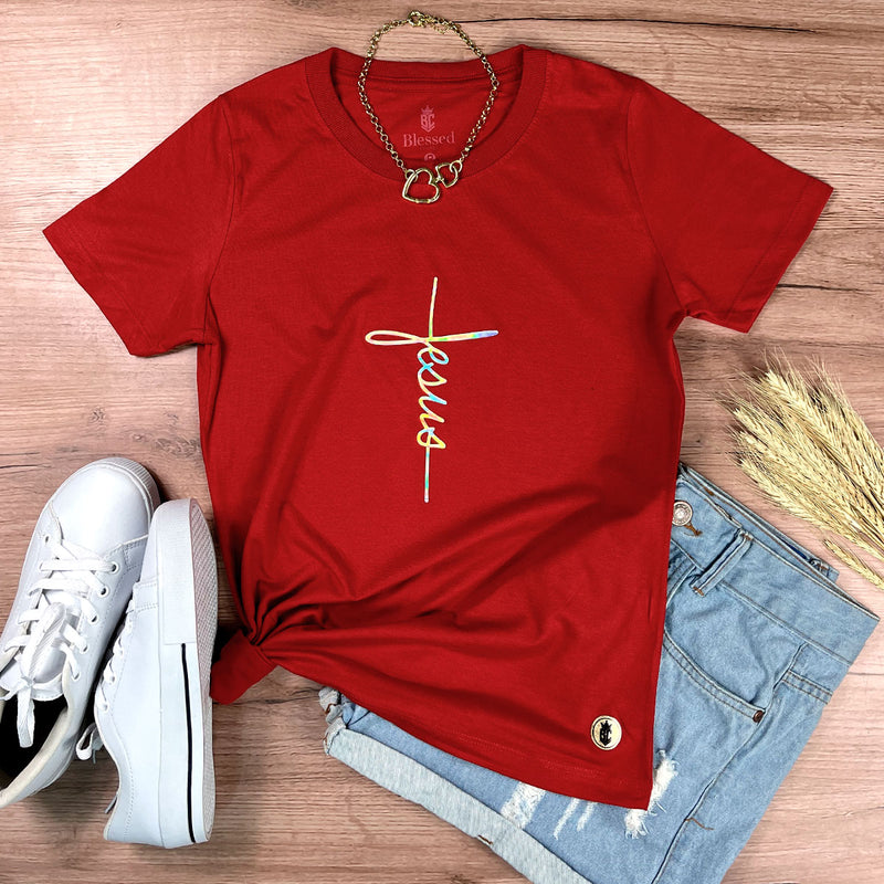 Camiseta Feminina Vermelha Aplique Cruz Jesus