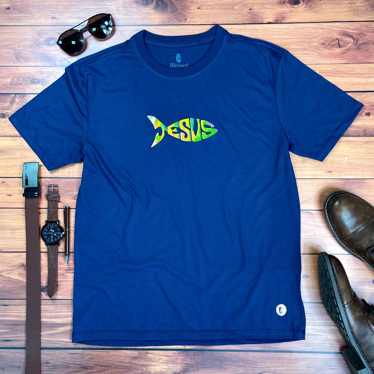 Camiseta Masculina Azul Jesus Peixe
