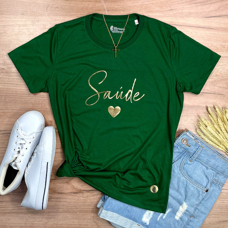 Camiseta Feminina Verde Saúde Coração Dourado