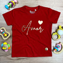 T-Shirt Infantil Vermelha Amor Coração Dourado