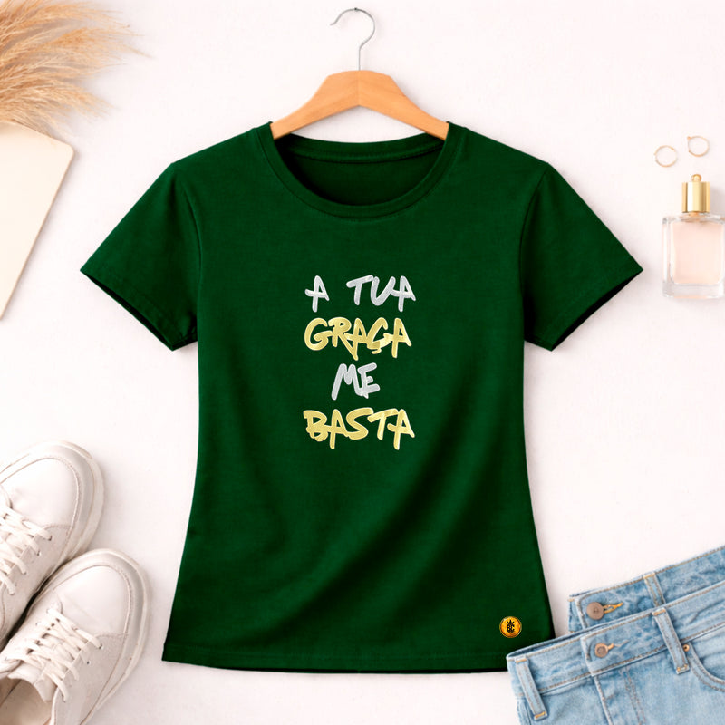 Camiseta Feminina Verde A Tua Graça Me Basta  Aplique