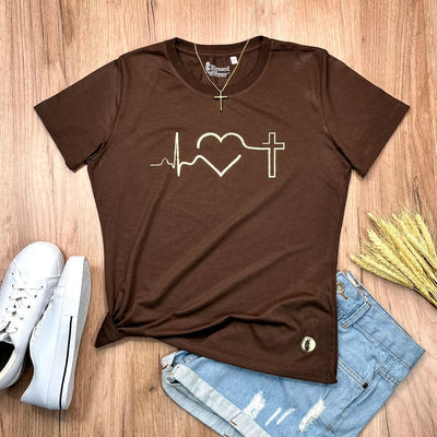Camiseta Feminina Marrom Batimento Coração Dourado