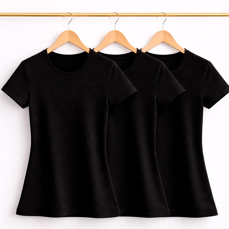 Kit 3 Camisetas Feminina Lisa Preta