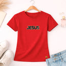 Camiseta Feminina Vermelha Jesus Aplique Camaleão