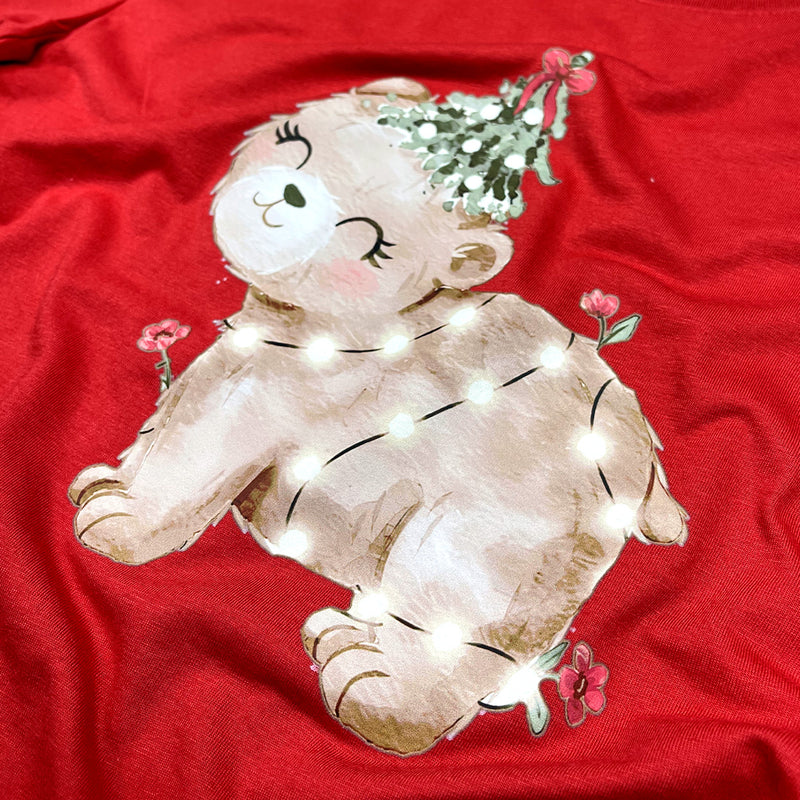 Camiseta Feminina Vermelha Urso Brilhante