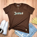 Camiseta Feminina Marrom Aplique Jesus