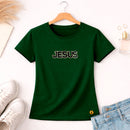 Camiseta Feminina Verde Jesus Aplique Camaleão