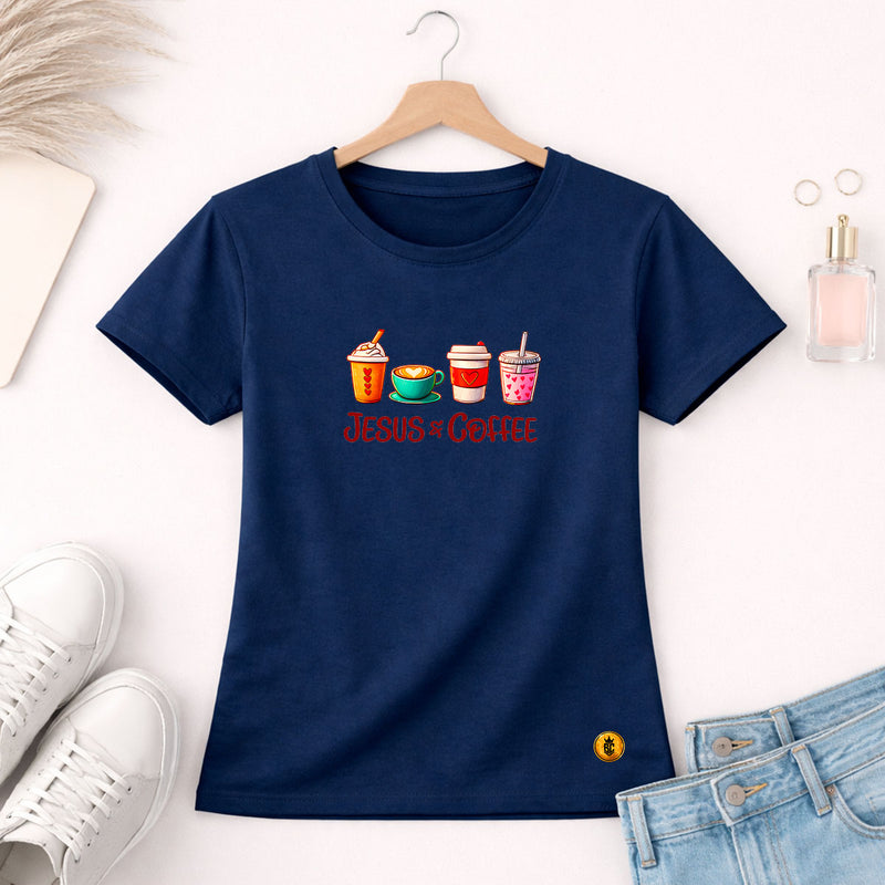 Camiseta Feminina  Azul Jesus & Coffee