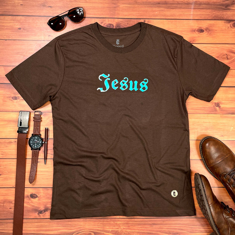 Camiseta Masculina Marrom Aplique  Jesus