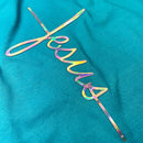 Camiseta Feminina Turquesa Aplique Cruz Jesus