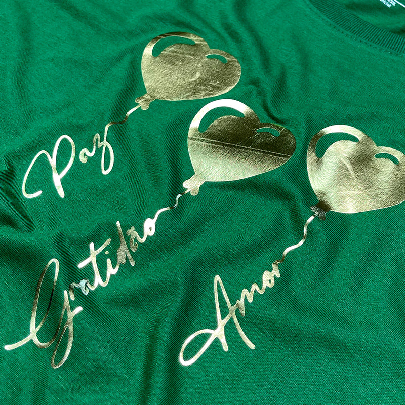 Camiseta Feminina Verde Coração Paz Amor Dourado