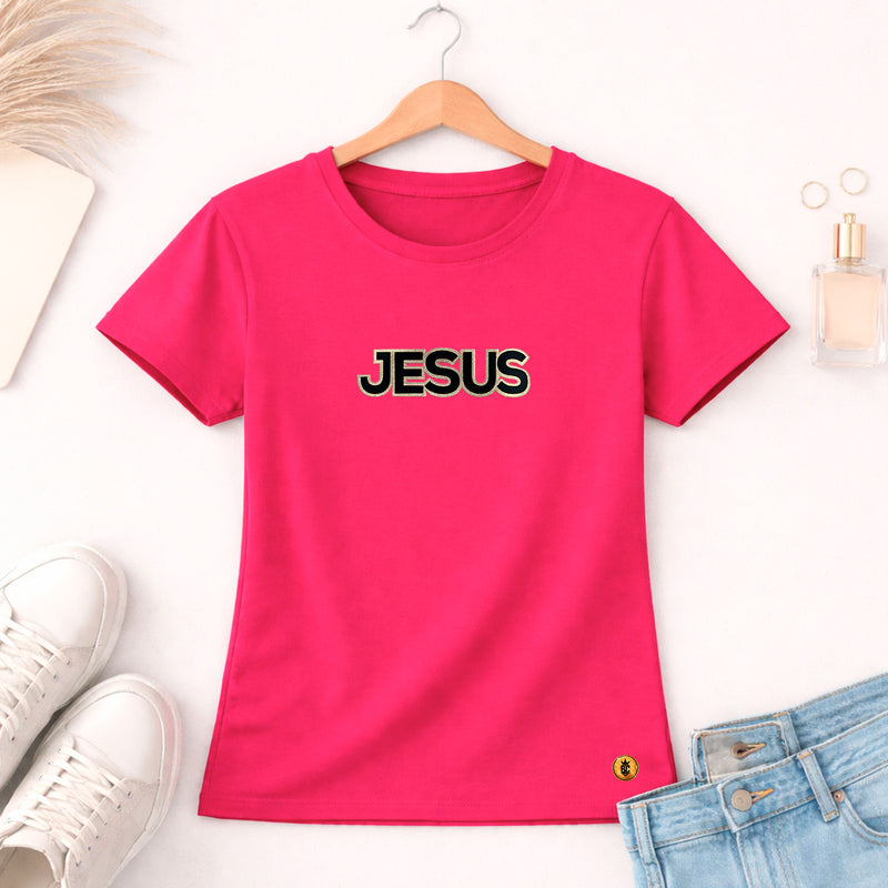 Camiseta Feminina Pink Jesus Aplique Camaleão