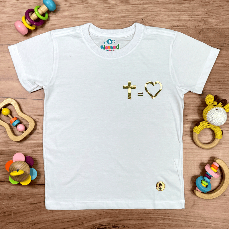 T-Shirt Infantil Branca Cruz Igual Coração Dourado