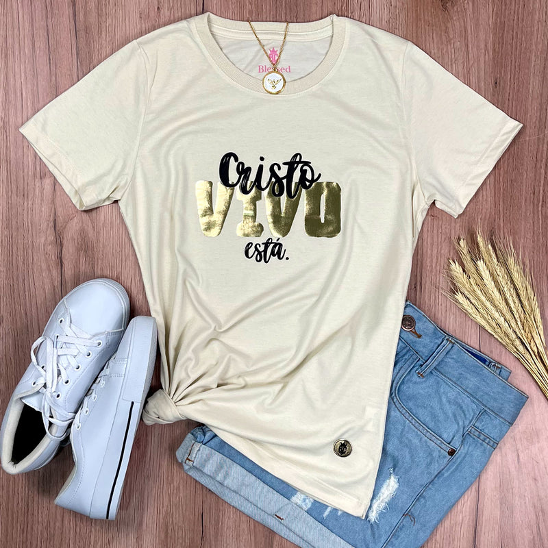 Camiseta Feminina Off White Cristo Vivo Está