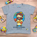 T-Shirt Infantil Cinza Eu Venci o Mundo