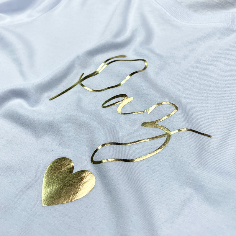 Camiseta Masculina Branca Paz Coração Dourado