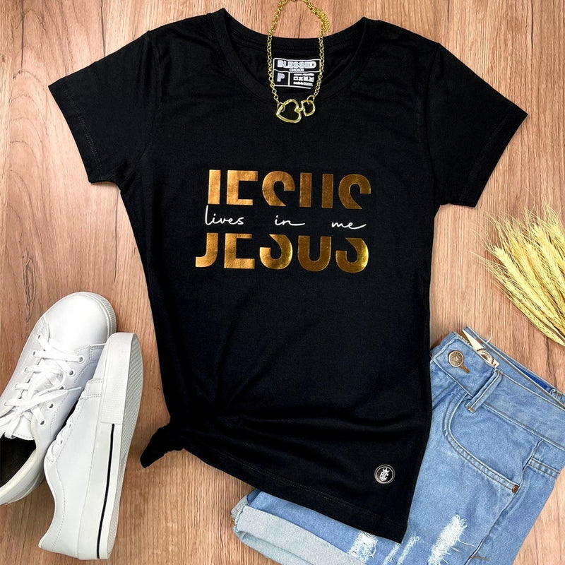 Kit Casal  Camiseta Preta Jesus Lives In Me