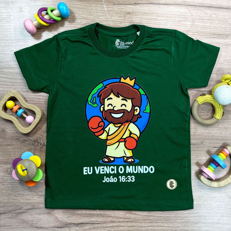 T-Shirt Infantil Verde Eu Venci o Mundo