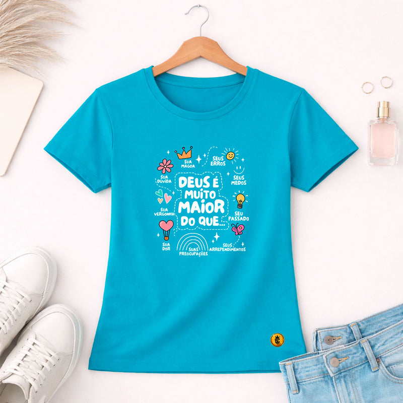 Camiseta Feminina  Turquesa Deus é Muito Maior 
