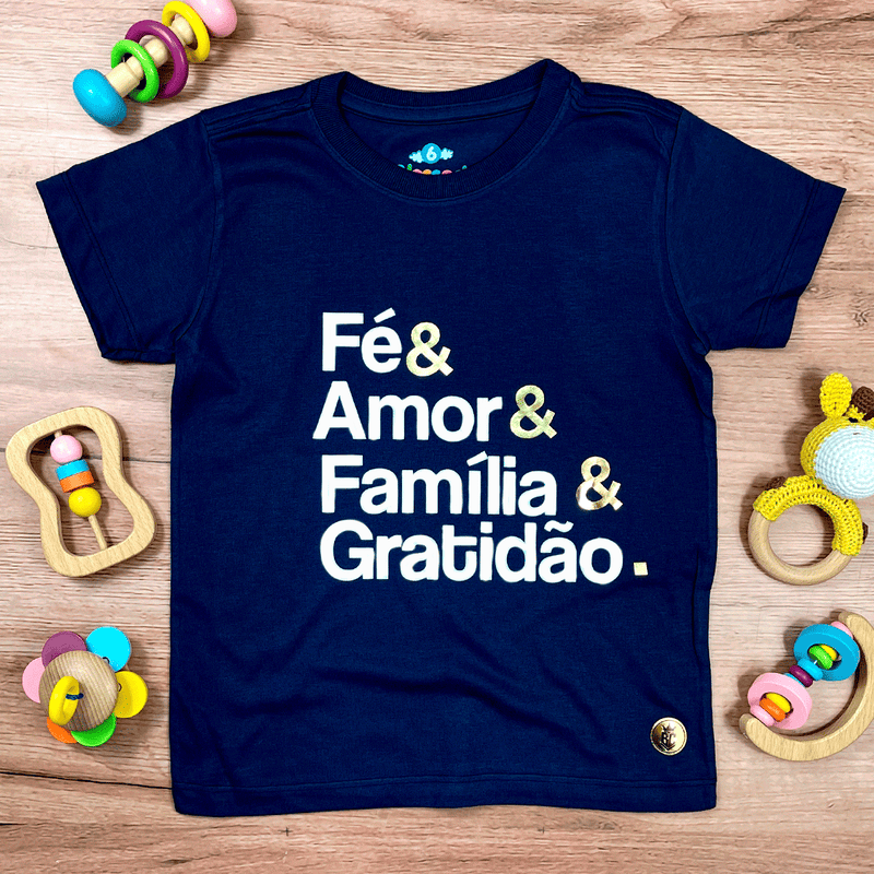 T-Shirt Infantil Azul Fé & Amor Dourado