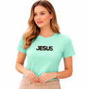 Camiseta Feminina Verde Menta Jesus Aplique Camaleão
