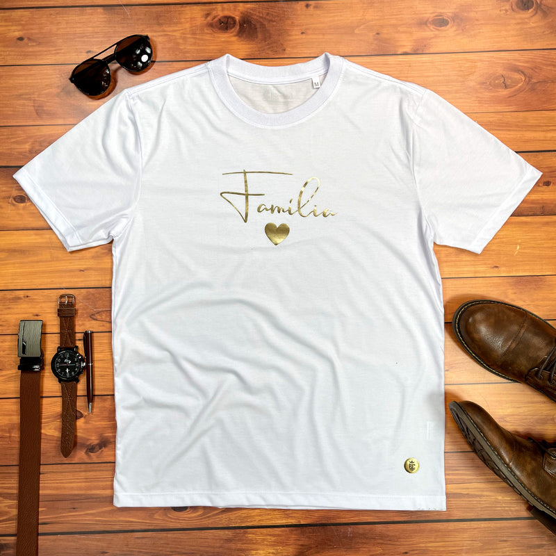 Camiseta Masculina Branca Família Coração Dourado