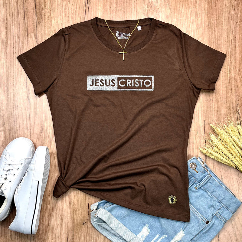 Camiseta Feminina Marrom Jesus Cristo Glitter