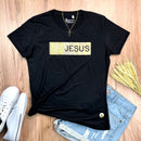 Camiseta Feminina Preta Aplique Jesus Glitter Dourado