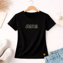 Camiseta Feminina Preta Jesus Aplique Camaleão