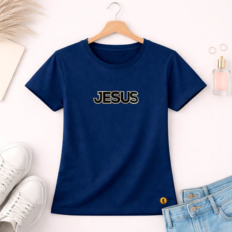Camiseta Feminina Azul Jesus Aplique Camaleão