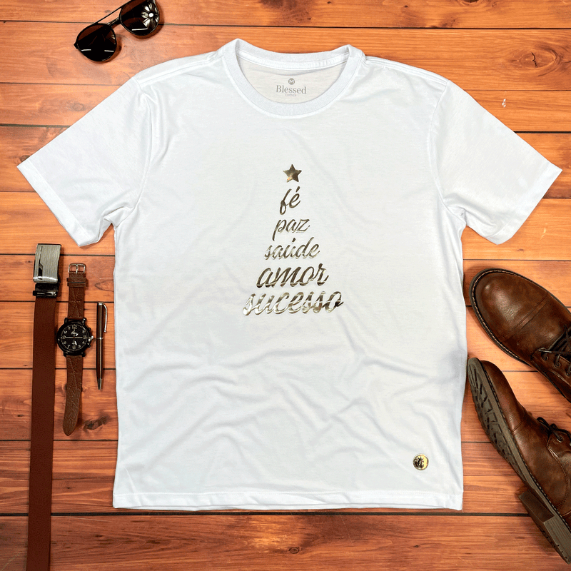 Camiseta Masculina Branca Árvore Fé Paz Dourado