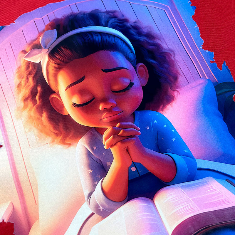 T-Shirt Infantil Vermelha Menina Orando Bíblia