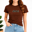 Camiseta Feminina Marrom Jesus Aplique Camaleão