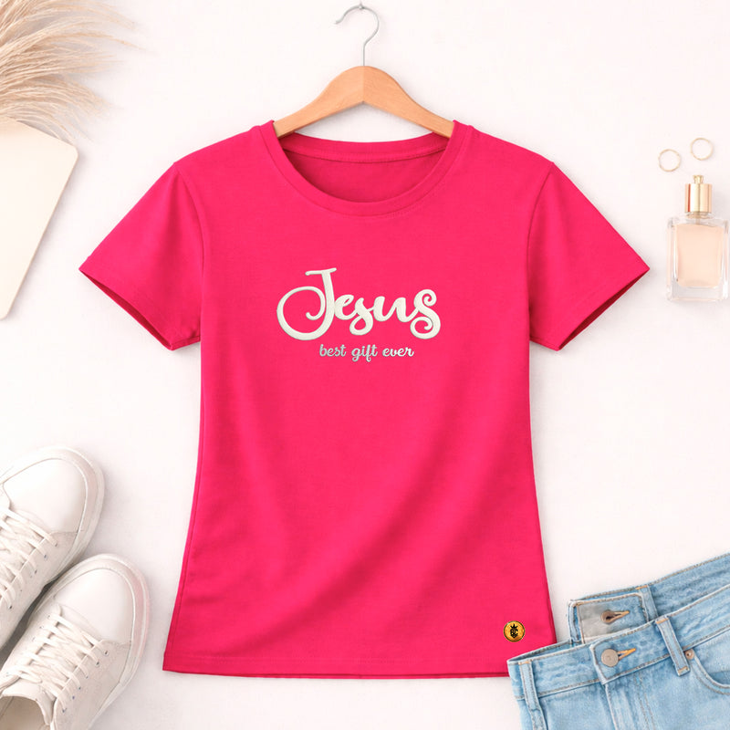 Camiseta Feminina Pink Jesus Best Gift Ever Veludo