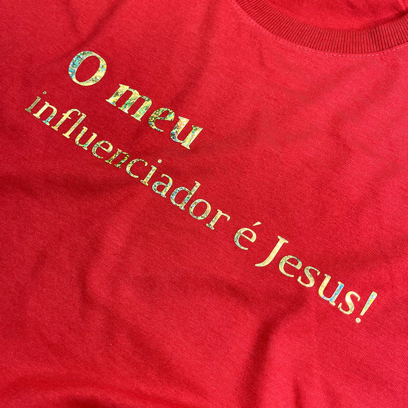 T-Shirt Infantil Vermelha O Meu Influenciador É Jesus!