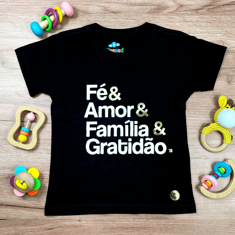 T-Shirt Infantil Preta Fé & Amor Dourado