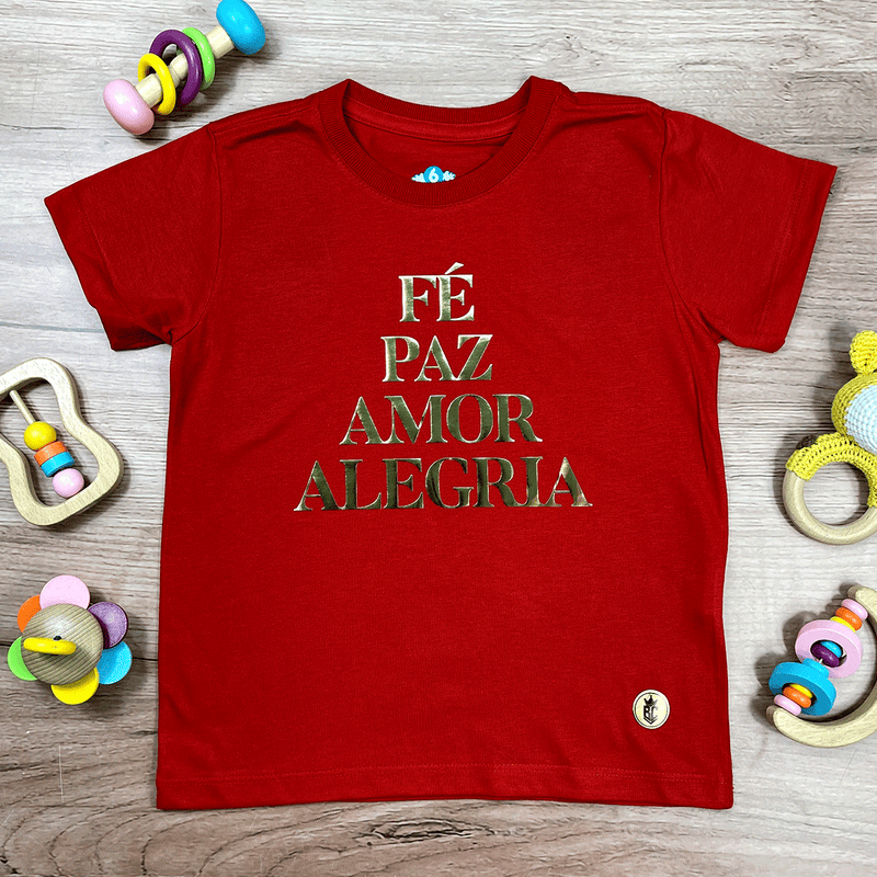 T-Shirt Infantil Vermelha Fé Paz Dourado