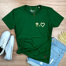 Camiseta Feminina Verde Cruz Igual Coração Dourado
